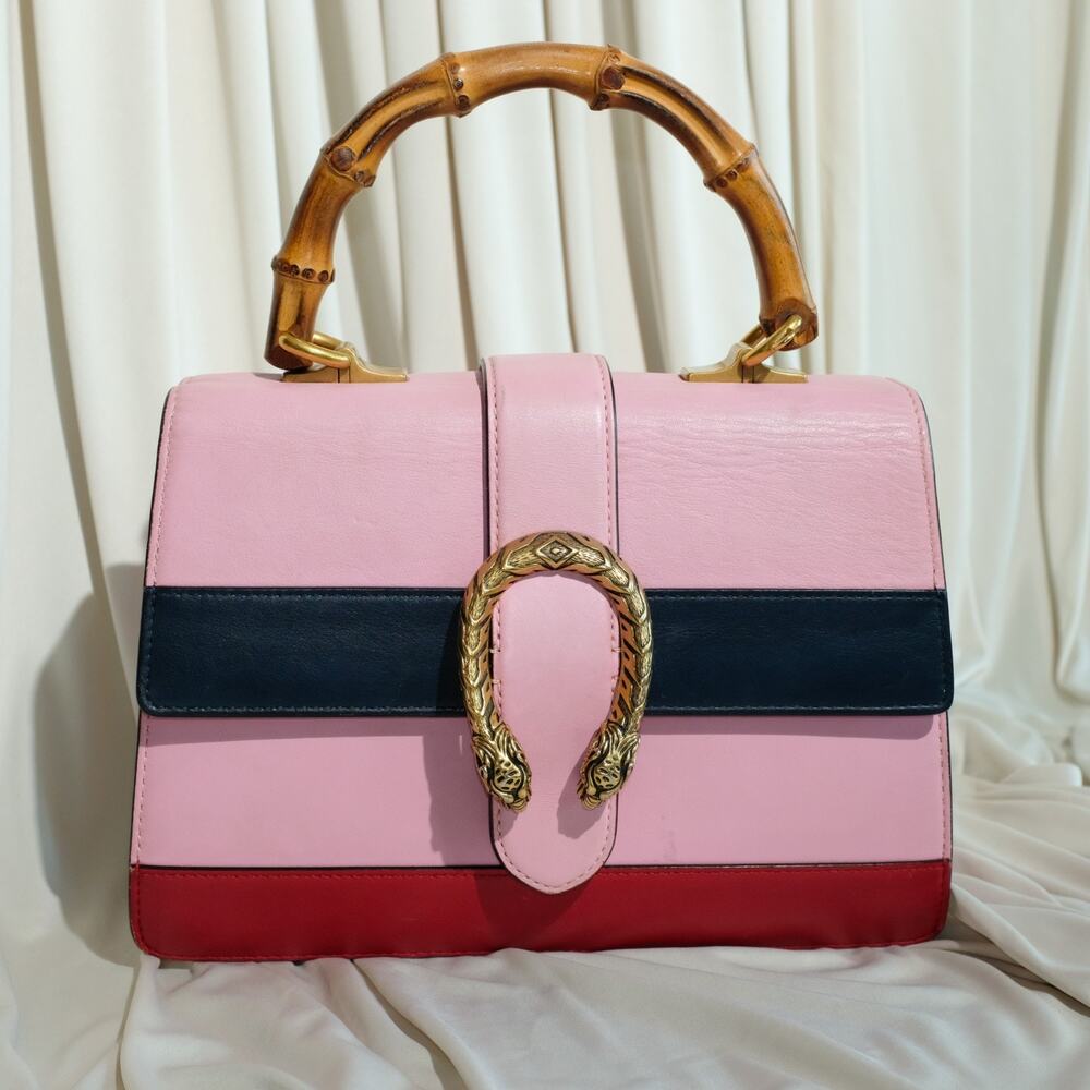 Gucci Dionysus Bamboo Medium Top Handle Bag Pink Leather Sylvie Web Strap